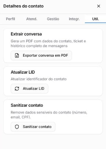 Aba Util. com exportação em PDF, atualização de LID e sanitização do contato