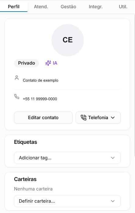 Aba Perfil com nome, telefone, editar contato, telefonia, etiquetas e carteiras