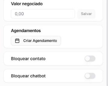 Fim da aba Gestão com Criar Agendamento, Bloquear contato e Bloquear chatbot
