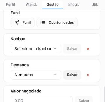 Campo Kanban na aba Gestão do ticket com seletor, Salvar e botão para limpar