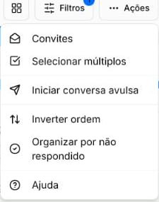Menu Ações com Convites, Selecionar múltiplos, Iniciar conversa avulsa e opções de ordenação