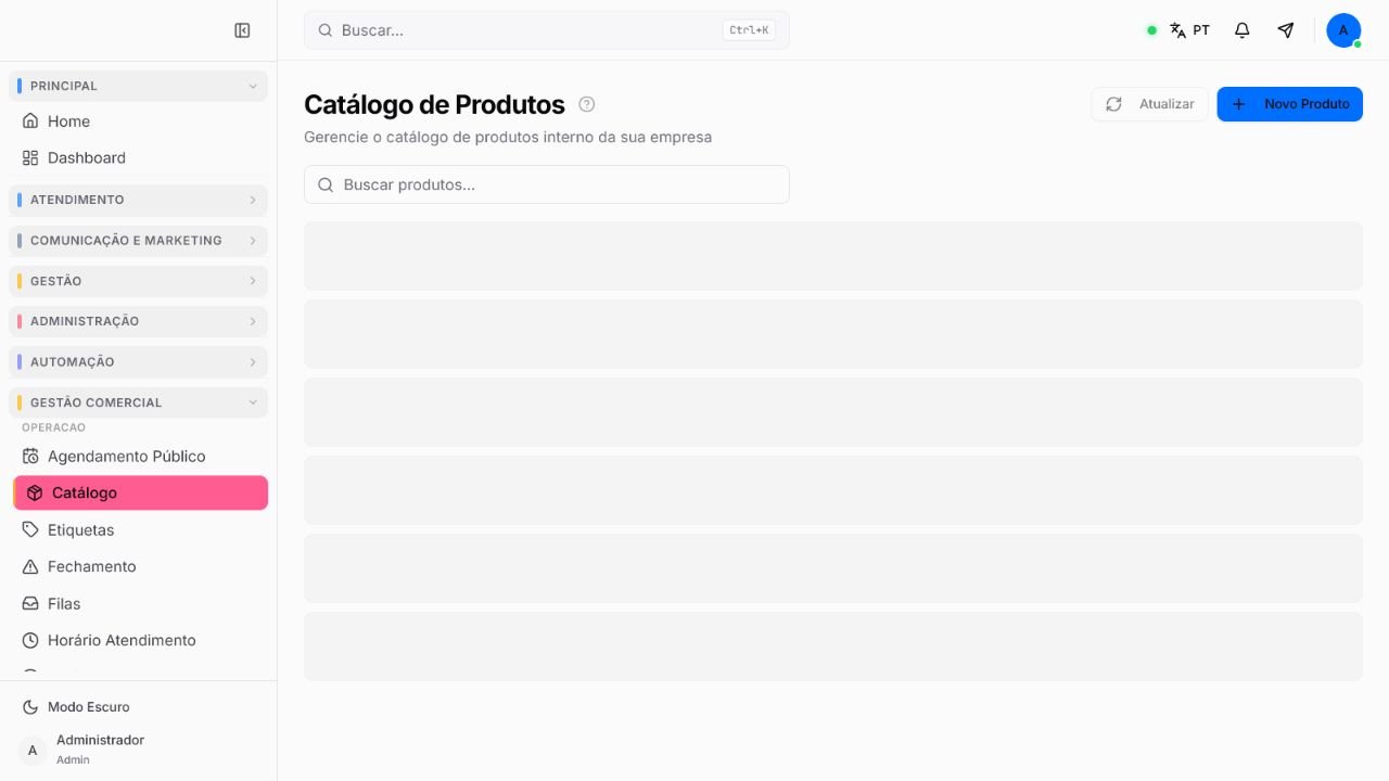 Catálogo de Produtos com busca, atualização da lista e botão Novo Produto