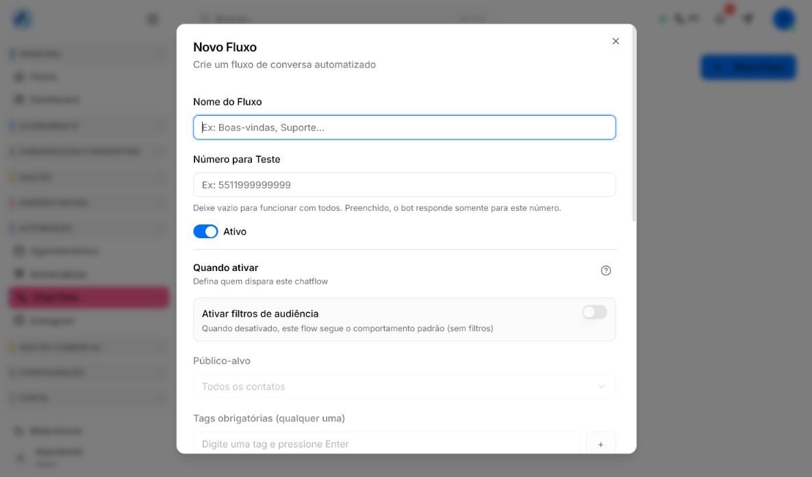 Janela Novo Fluxo com nome, número para teste, status e filtros de audiência