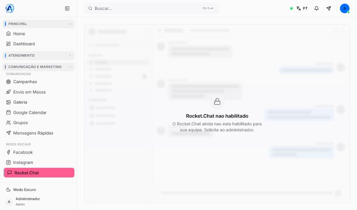 Tela de comunicação integrada do Atendeu Rápido com aviso sobre a disponibilidade do Rocket.Chat