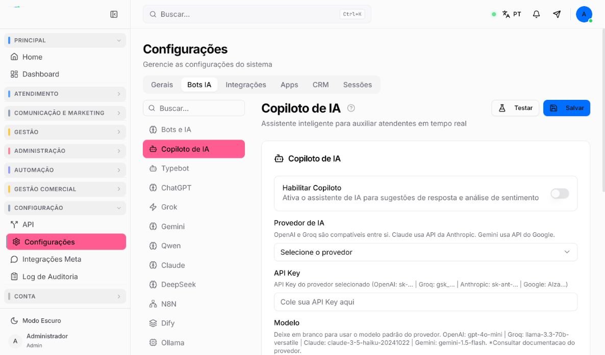 Configuração do Copiloto de IA no Atendeu Rápido com provedor, modelo e opções de assistência