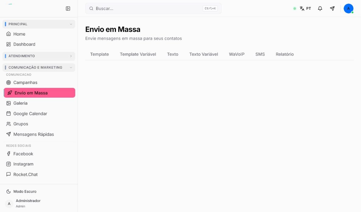 Tela Envio em Massa com as abas Template, Texto, WaVoIP, SMS e Relatório
