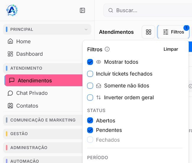 Painel Filtros do Atendeu Rápido com opções para tickets fechados, não lidos, ordenação e status