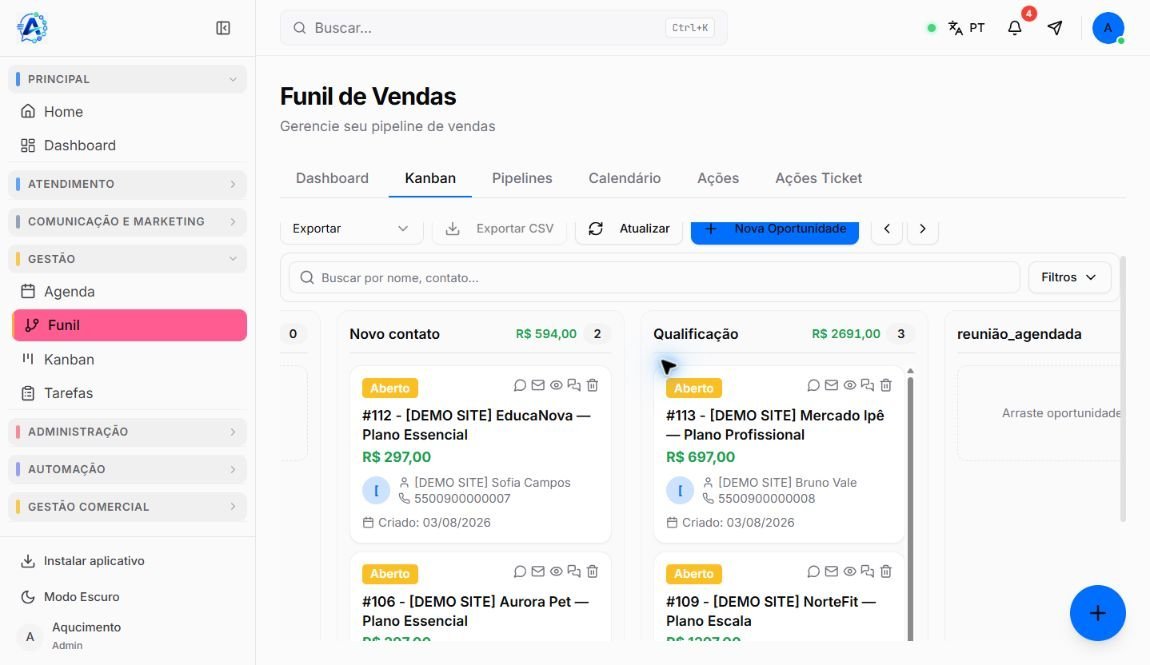 Kanban do Funil com oportunidades demonstrativas, busca, filtros, exportação, botão Nova Oportunidade e colunas do pipeline