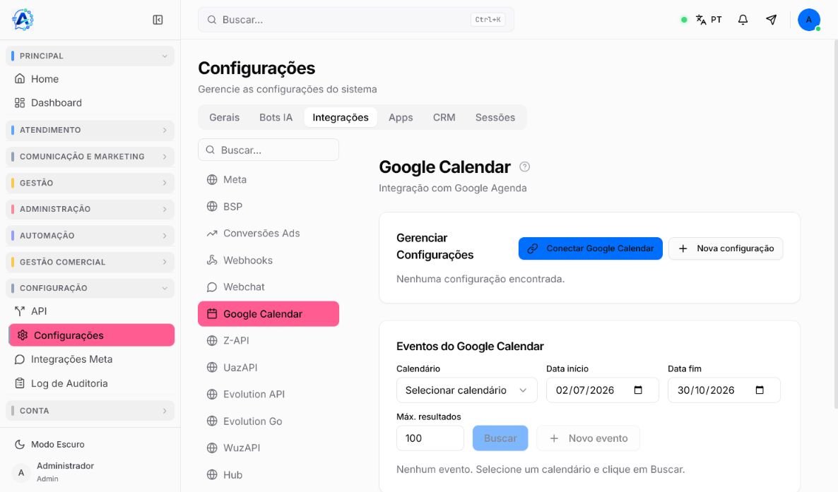 Configuração do Google Calendar com calendário, datas, máximo de resultados, Buscar e Novo evento