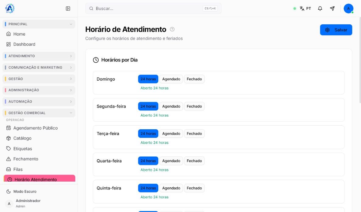 Configuração de Horário de Atendimento do Atendeu Rápido com opções 24 horas, Agendado e Fechado