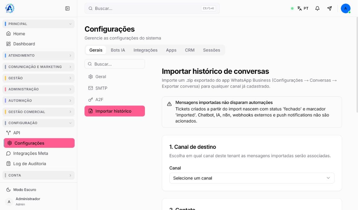 Tela de importação de histórico do Atendeu Rápido com aviso sobre automações e seleção do canal de destino