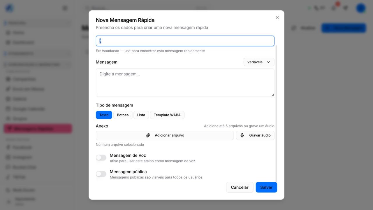 Configuração de formatos e visibilidade de mensagens rápidas