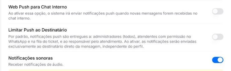 Configurações do Chat Privado no Atendeu Rápido com Web Push para Chat Interno, limite ao destinatário e notificações sonoras