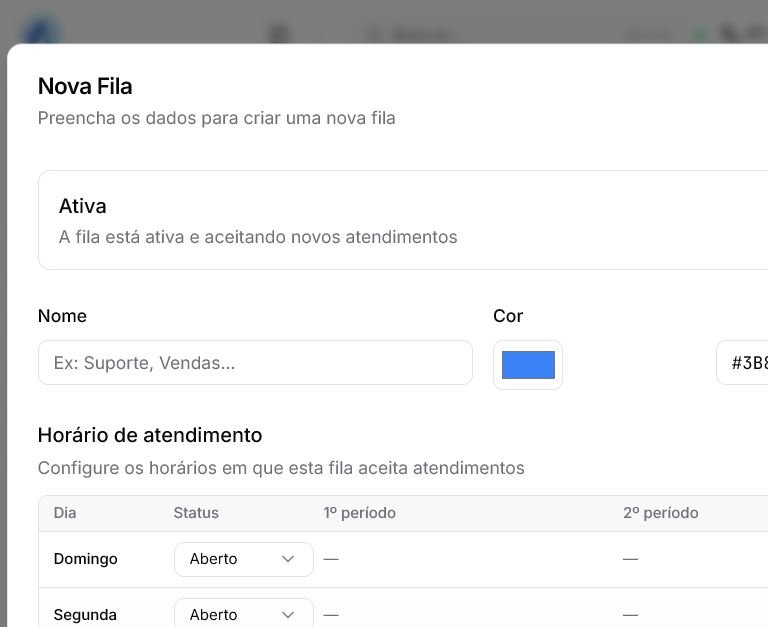 Formulário Nova Fila do Atendeu Rápido com nome, cor e horário de atendimento