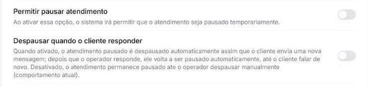Configurações de pausa dos atendentes no Atendeu Rápido com as opções Permitir pausar e Despausar por resposta