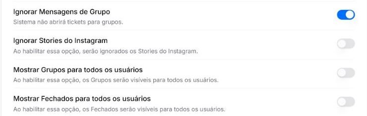 Configurações de grupos com as opções Ignorar Mensagens de Grupo e Mostrar Grupos para todos os usuários