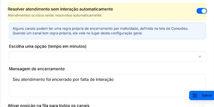 Configuração de resolução automática por inatividade no Atendeu Rápido com chave, prazo em minutos e mensagem