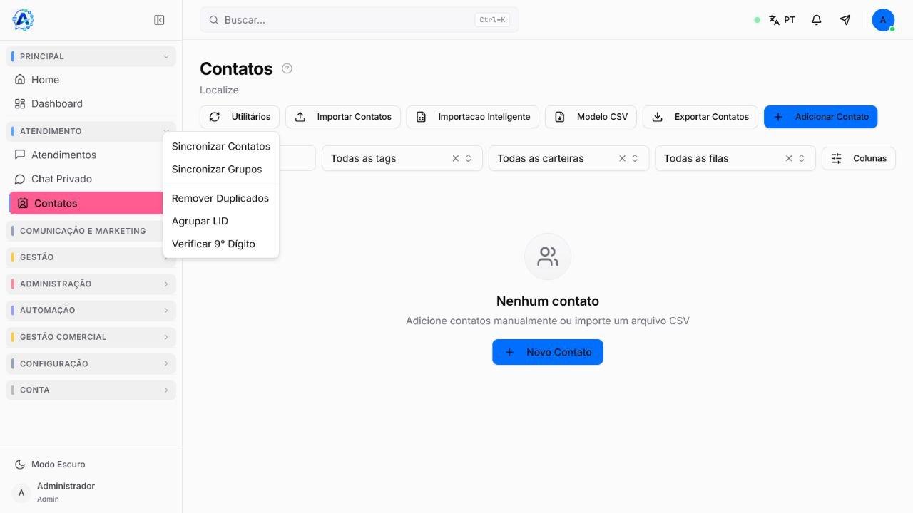 Tela Contatos com o menu Utilitários aberto e a opção Remover Duplicados